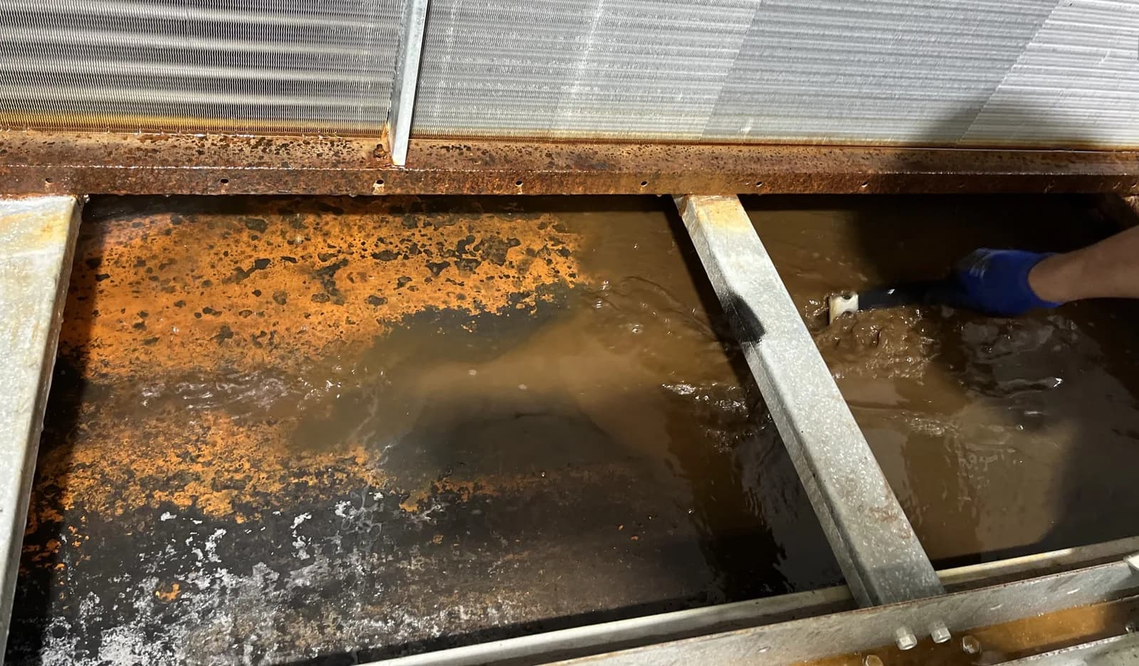 Condensate drain pan before restoration, with standing water and corrosion